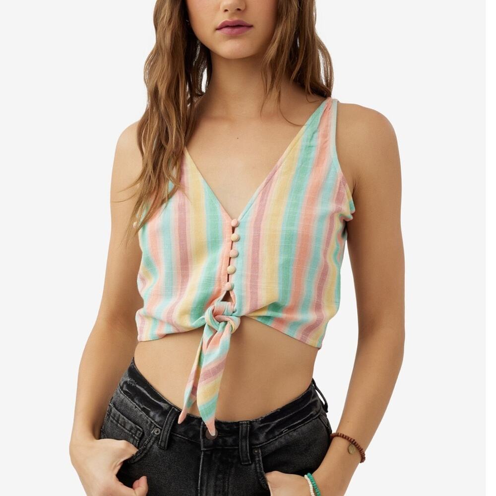 NEW ONeill Zera Tank Top Tie Front V-Neck Lightweight Striped Cropped XXL